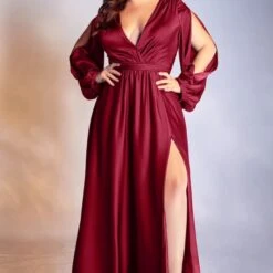 LaDivine 7475C Slit Sleeves Plunging Neck Dress