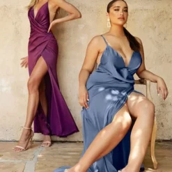 LaDivine 7489C High Slit Plunging Neck Dress