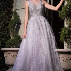 LaDivine B704 Feather Shoulders Sheer Bodice Dress