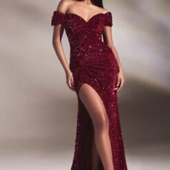 LaDivine CA109 Velvet Sequin Off The Shoulder Dress