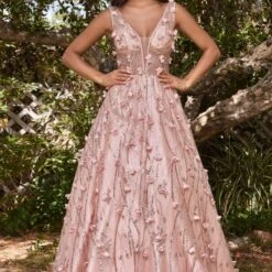 LaDivine CB085 Floral Appliques Plunging Neck Dress