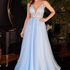 LaDivine CD2214 Embroidered Bodice Lace-Up Dress