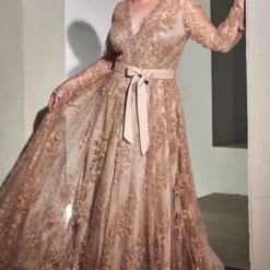 LaDivine CD233C Floral Glitter Illusion Sleeve Dress