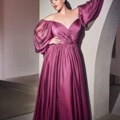 LaDivine CD243C Bishop Sleeves Ruched Top Dress