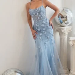 LaDivine CD995 Floral Appliques Lace-Up Dress