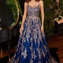 LaDivine CM323 Strappy Back Floral Glitter Dress