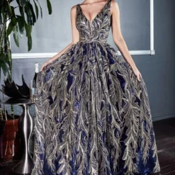 LaDivine J812 Plunging Neckline Embroidered Dress