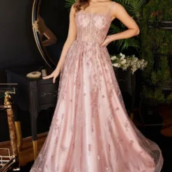 LaDivine J840 Sheer Corset Floral Glitter Dress